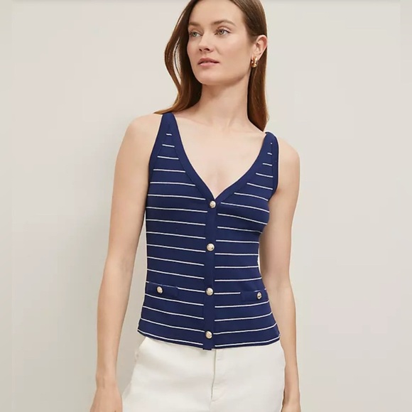Ann Taylor Tops - Ann Taylor Navy and White Striped Tank Top with Gold Buttons